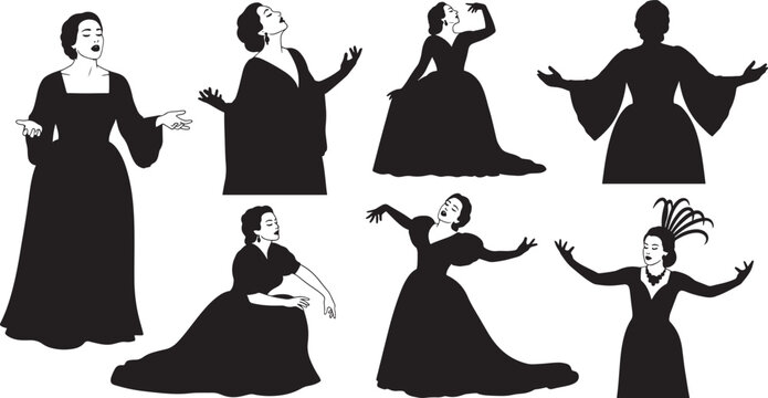 Elegant opera singer silhouettes in dramatic poses for artistic performance themes.