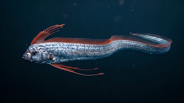 Rare Oarfish swimming in the deep dark ocean waters.