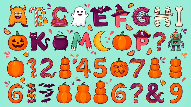 Halloween Alphabet Font with Numbers, Featuring Monsters, Ghosts, Bats, Pumpkins, and Candy Corn, Flat Design Vector Illustration