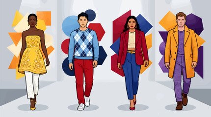 Fototapeta premium Diverse Fashion Models Presenting Collection on Catwalk, Geometric Background, Flat Vector Illustration Style, Fashion Show Event