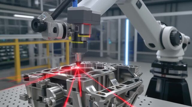 製造された部品の寸法をチェックするハイテクレーザースキャンヘッドを保持するロボットアーム
