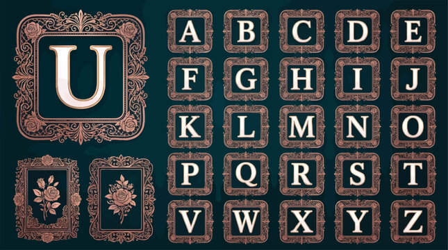 Ornate Alphabet Set with Decorative Rose Frames, Vintage Letter Collection in Square Borders, Elegant Typography Design Elements, Copper Rose Gold Accents