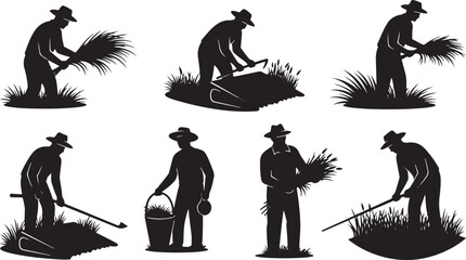 Obraz premium Farmer silhouette set featuring agricultural workers harvesting rice and using traditional manual farm tools.