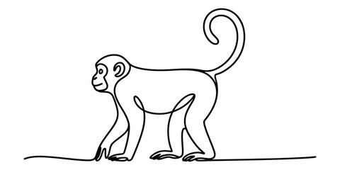 Continuous single line drawing of a cute monkey walking in a simple minimalist style © Monibala