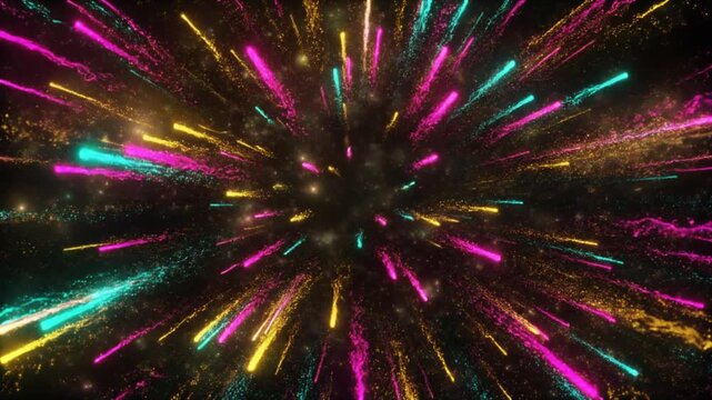 金、ピンク、シアンの宇宙の塵と高エネルギー光子線の鮮やかな爆発と無限の広がり