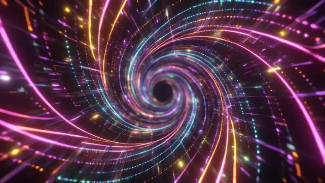 渦巻くデータ粒子、光る幾何学図形、光の軌跡が形成する強力な渦