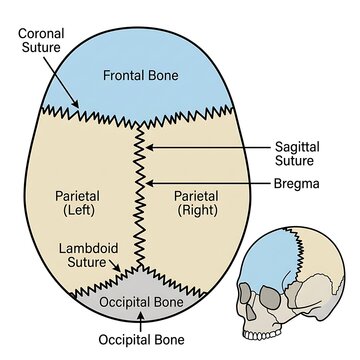 Human skull bone structure diagram with sutures.
