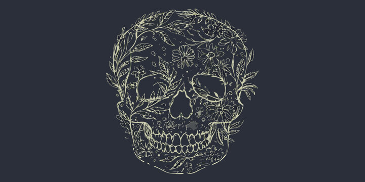 Botanical skull illustration with floral elements and dark background