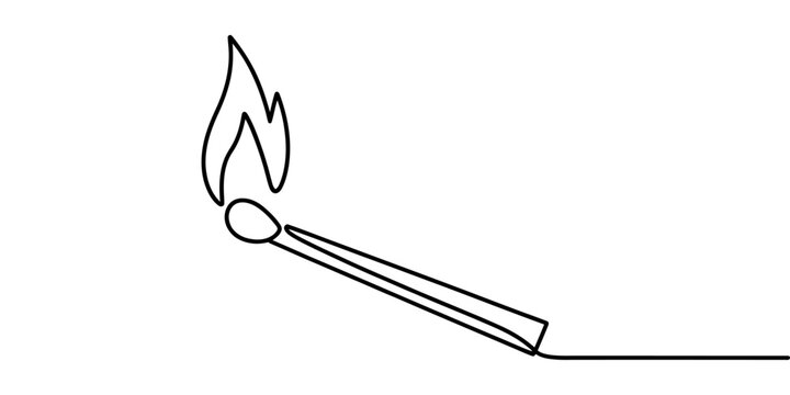 A single continuous line drawing of a burning matchstick with a flame on the tip