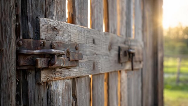Weathered wooden barn door with aged metal hasps in morning light.