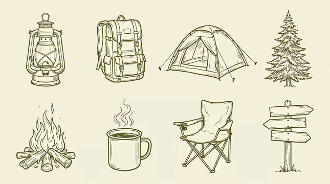 Set of camping equipment icons, hand drawn vector illustration of outdoor gear, lantern, backpack, tent, pine tree, campfire, coffee mug, chair, signpost