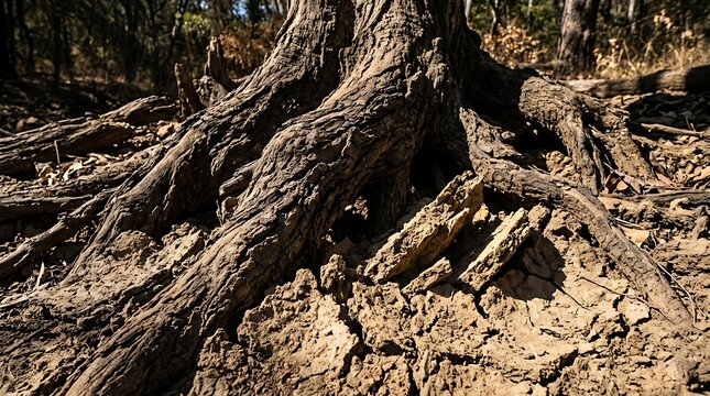 Gnarled tree roots and parched cracked soil in a forest landscape