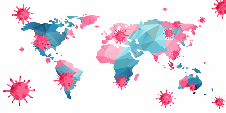 Low poly world map with virus shapes vector illustration on white background
