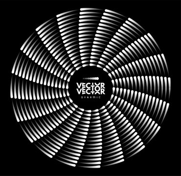 Black and white rotating blade of an industrial turbine fan. Dynamic circular motion. Mechanical ventilation system. Vector illustration for industrial design and renewable energy technologies.