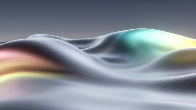 Abstract flowing hills with subtle colorful light streaks in smooth digital style on a muted grey background, concept of fluid motion