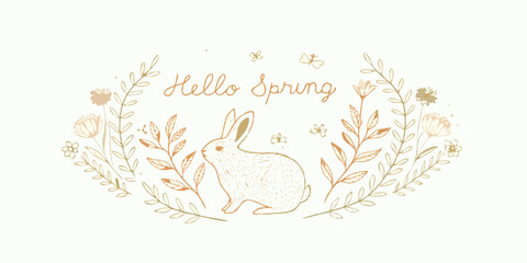Rabbit and floral ornament delicate golden line drawing on white background © Poly