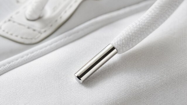 Close-up of white sneaker lace with metallic aglet on fabric.