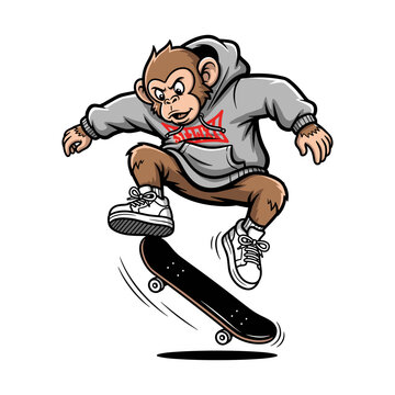 Energetic Monkey Skateboarder Doing an Ollie in Grey Hoodie Cartoon Vector