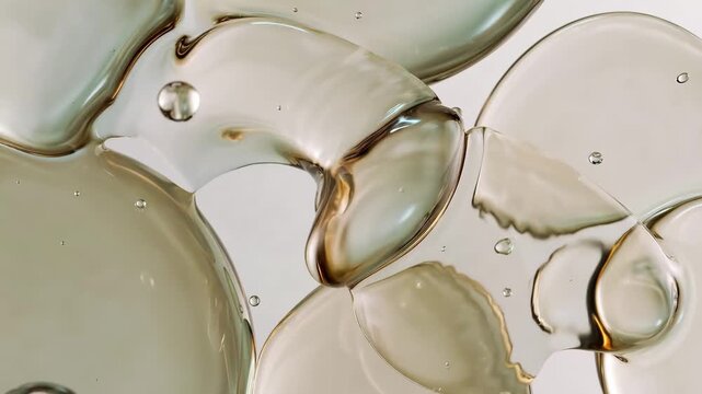 Close-up of glossy fluid bubbles in abstract style on pale backdrop, conveying purity and softness. Gentle mood