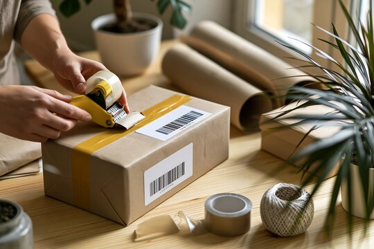 Person sending parcel packaging with tape dispenser