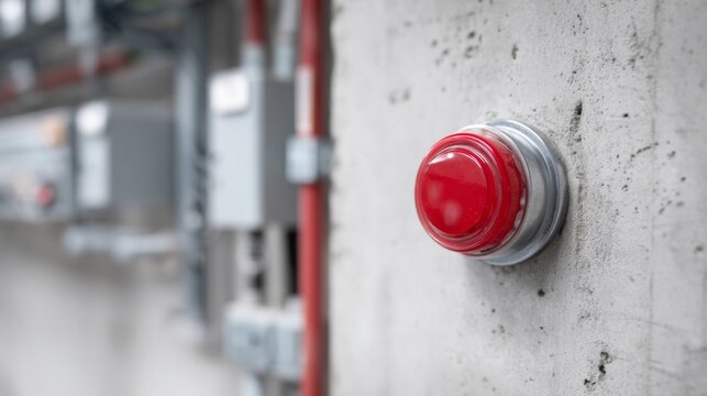 Close-up of a large red emergency button mounted on a gray concrete wall in an industrial setting with electrical panels in the background
