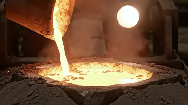 Molten metal pours from a ladle into an incandescent mold. The bright orange liquid illuminates the smoky industrial environment.