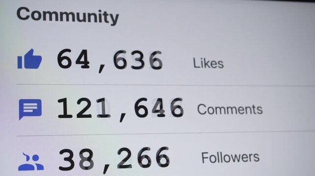 Slow motion close-up of social media metric counters increasing with fluid movement.