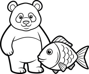 Obraz premium Cute panda bear standing next to a friendly fish cartoon illustration