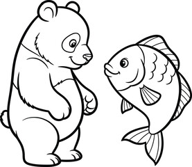 Obraz premium Charming black and white illustration of a bear cub curiously interacting with a friendly fish perfect for children's books