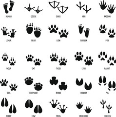 Obraz premium Animal Footprints, Wildlife Tracks, Vector Icons, Black Silhouettes, 40 Animal Footprint Icons