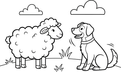 Fototapeta premium Charming black and white illustration of a sheep and a golden retriever facing each other in a field