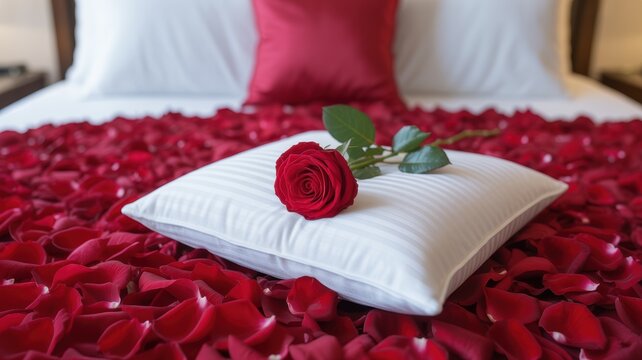 Single red rose on a white pillow surrounded by red rose petals on a bed