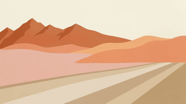 Minimalist desert landscape illustration featuring warm earth tones and textured mountains under a soft light background