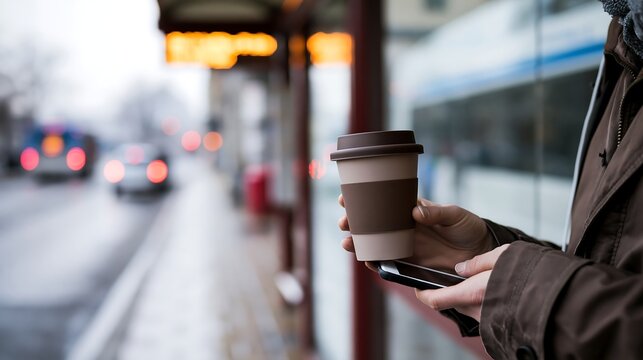 Person holding coffee and phone waiting at bus stop