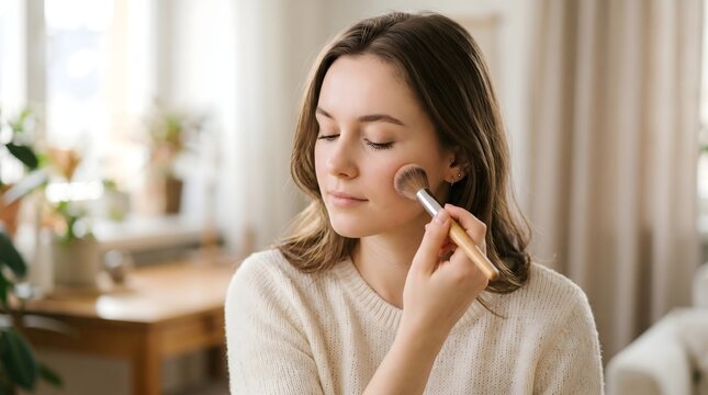 Close-up of a smiling woman, with open eyes, applying liquid highlighter to her cheekbone using an angled brush.