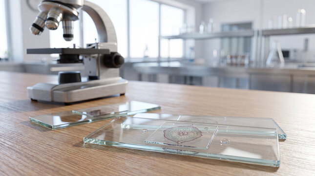 Glass microscope slides with a purple plant sample on a wooden classroom table near a gray microscope in a bright modern science lab