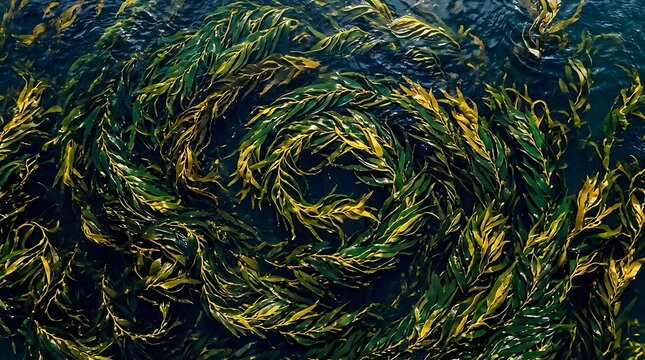 Swirling green kelp floating in dark ocean water