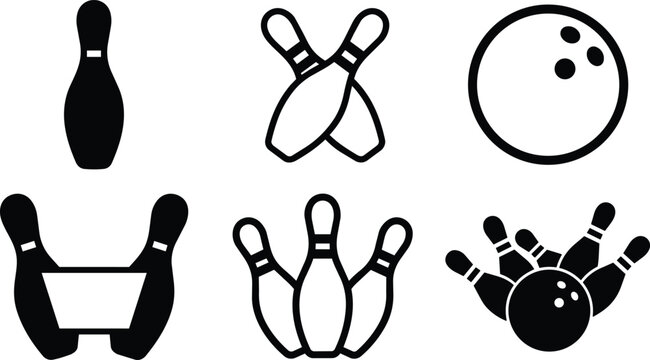 Bowling icons, black bowling pins, ball vector set, sports graphics