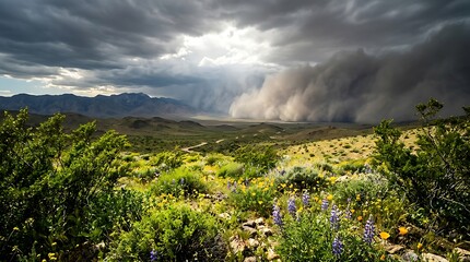 Obraz premium Massive dust storm sweeping across a scenic desert valley
