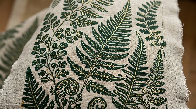 Green fern leaf pattern printed on coarse natural linen fabric