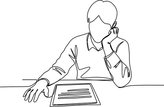 Bored Student Studying Paperwork with Hand on Chin, Continuous Line Art