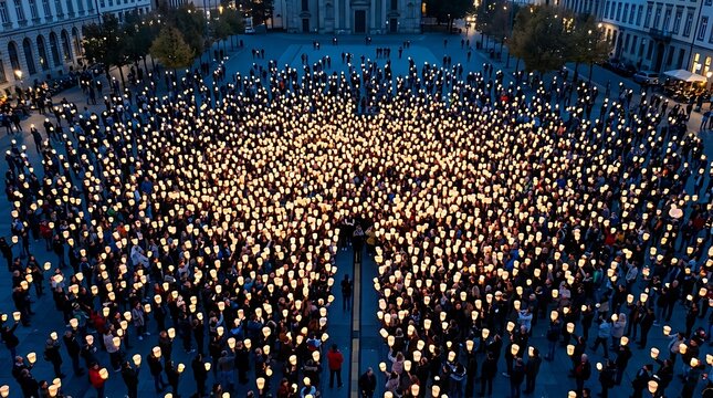 Large crowd holding glowing lanterns in a city square at dusk