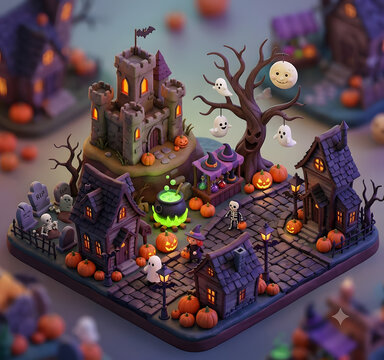 Vibrant 3D rendering of miniature Halloween spooky town on dark background