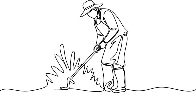 Continuous line drawing of a farmer hoeing soil, minimalist art, gardening concept