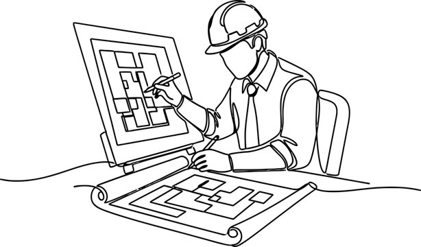 Architectural Drawing: Engineer Designing Building Plan on Computer and Blueprint