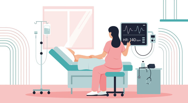 Nurse monitors patient's vital signs on EKG machine in hospital room, medical care concept