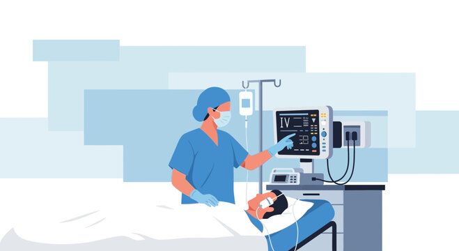 Nurse Monitors Patient's Vitals on ICU Monitor Next to Bed