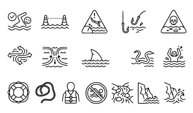 Water Sea River Safety Hazard Pictogram Icon Set Vector EPS 10