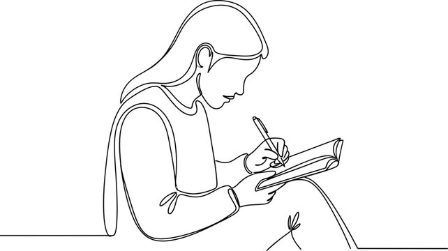 Young girl writing in notebook, continuous line drawing