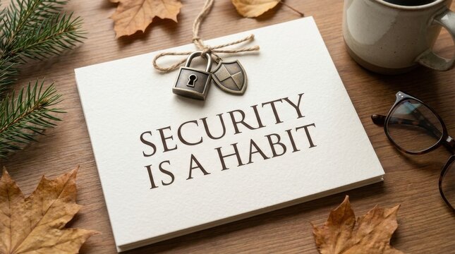 Security Is a Habit Concept with Lock and Shield on Paper